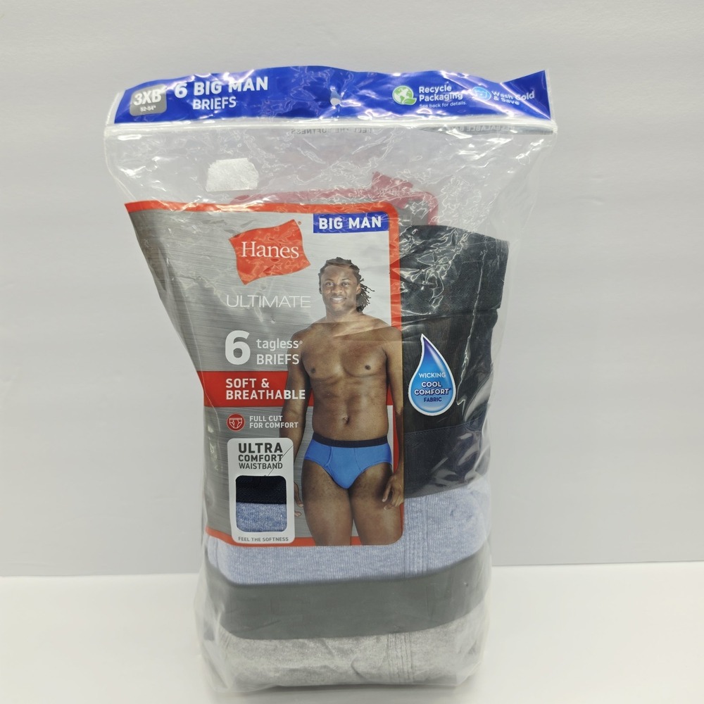 NEW Hanes Ultimate Full Cut Tagless Briefs - 6 Pack 3XB 52"-54" Waist